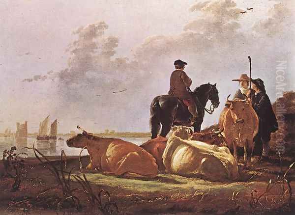 Peasants with Four Cows by the River Merwede Oil Painting by Aelbert Cuyp