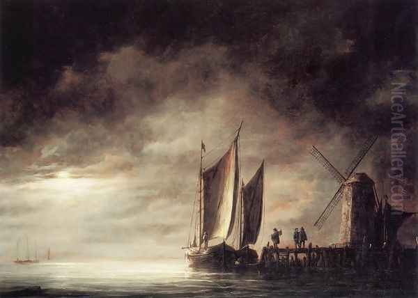 Dordrecht Harbour By Moonlight Oil Painting by Aelbert Cuyp