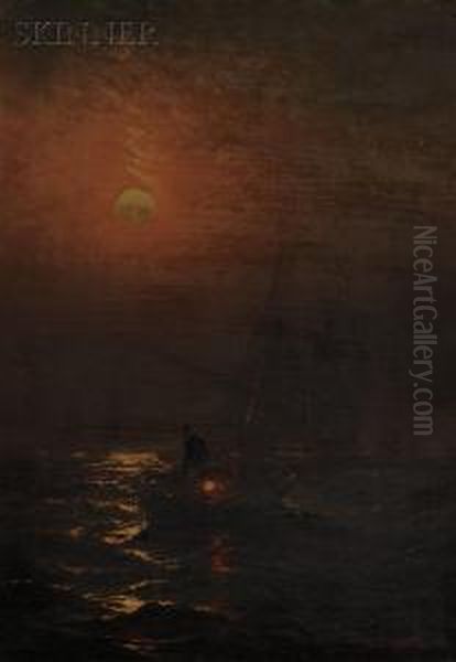 Fishermen At Work By Moonlight Oil Painting by Charles Henry Gifford