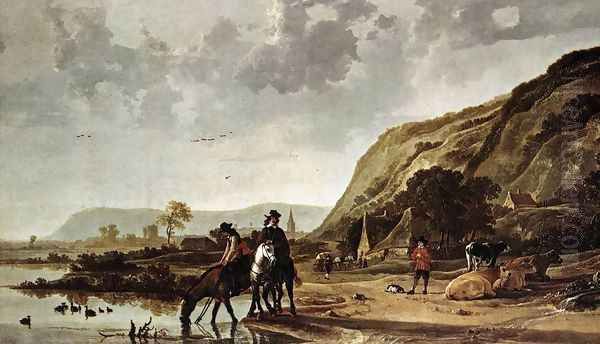 Large River Landscape with Horsemen Oil Painting by Aelbert Cuyp