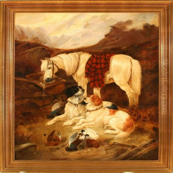 A Horse And Two Dogs Resting In The Mountains Oil Painting by John Gifford