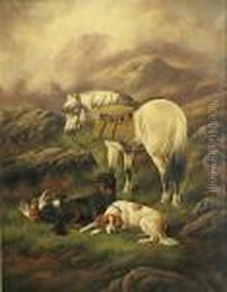 A Horse And Hunting Dogs In A Highland Landscape Oil Painting by John Gifford