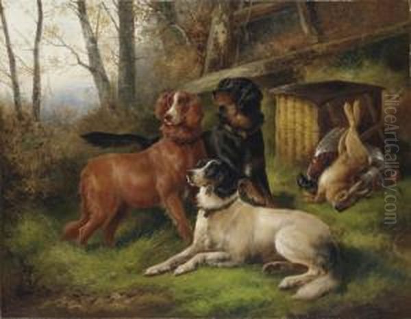 Three Setters With Game At The Edge Of A Wood Oil Painting by John Gifford