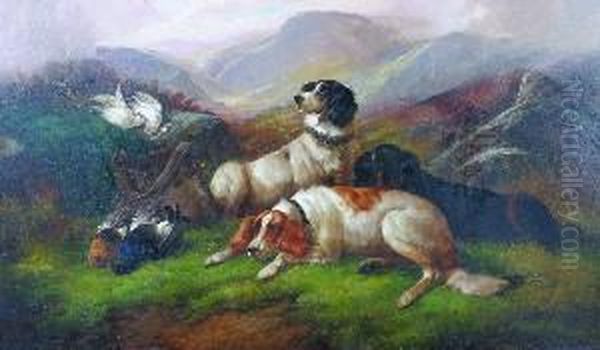 Hunting Dogs In A Highland Landscape Oil Painting by John Gifford