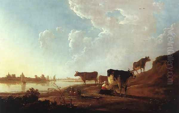 River Scene with Milking Woman c. 1646 Oil Painting by Aelbert Cuyp