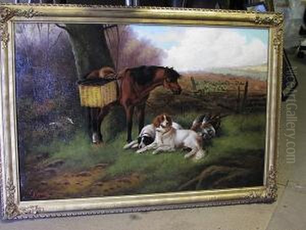 A Pony And Gundogs With Game In A Landscape Oil Painting by John Gifford