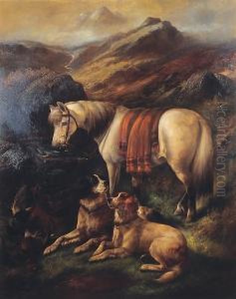 Pony, Gun Dogs And Brace Of Grouse In A Highland Landscape Oil Painting by John Gifford