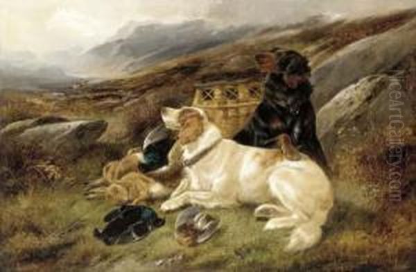 An English And A Gordon Setter With The Day's Bag On A Moor Oil Painting by John Gifford