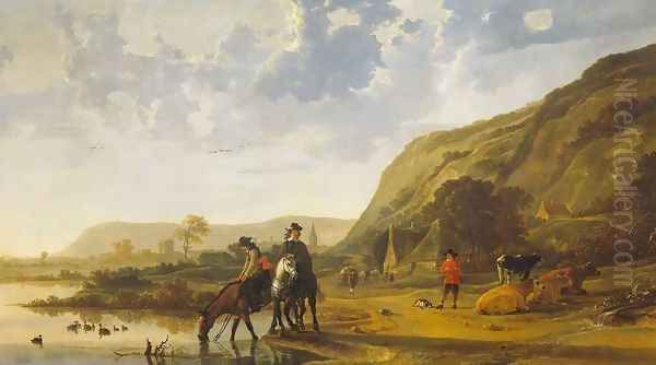 River Landscape With Riders Oil Painting by Aelbert Cuyp