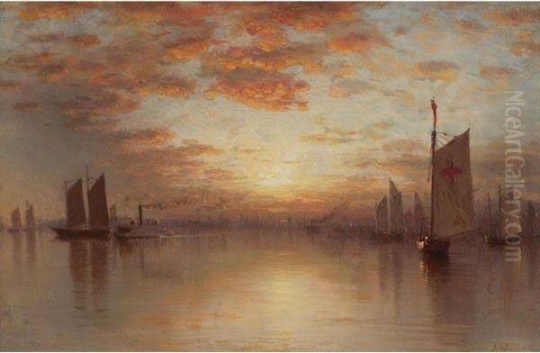 Sunset Over New York Bay Oil Painting by Sanford Robinson Gifford