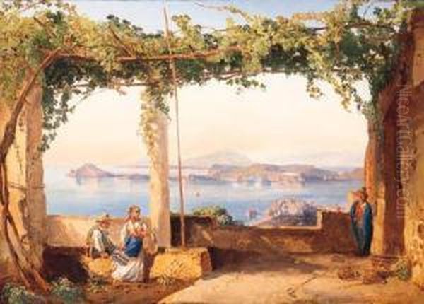 Figures Under A Pergola With The Bay Of Naples Beyond by Ercole Gigante