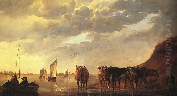 Herdsman with Cows by a River Oil Painting by Aelbert Cuyp