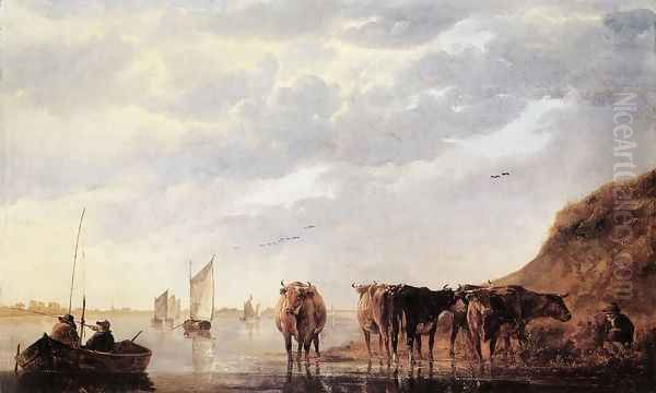 Herdsman with Cows by a River 1650 Oil Painting by Aelbert Cuyp