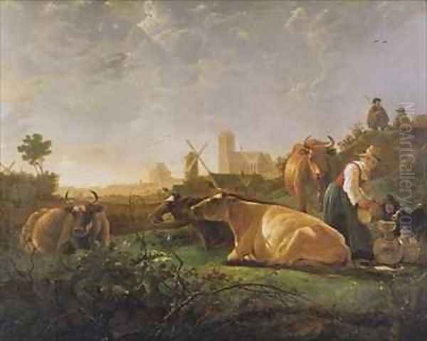 A Distant View of Dordrecht with Sleeping Herdsman and Five Cows Oil Painting by Aelbert Cuyp