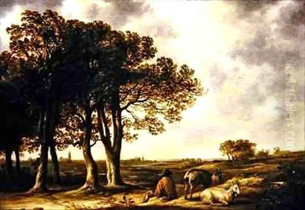 Goatherd in lanscape a distant view of Amsterdam Oil Painting by Aelbert Cuyp