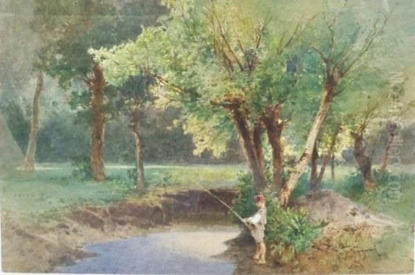 Boy Fishing In A Wooded Landscape Oil Painting by Eugenio Gignous