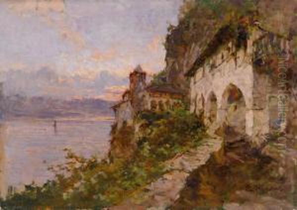 L'eremo Di Santa Caterina Del Sasso,leggiuno, Lago Maggiore Oil Painting by Eugenio Gignous