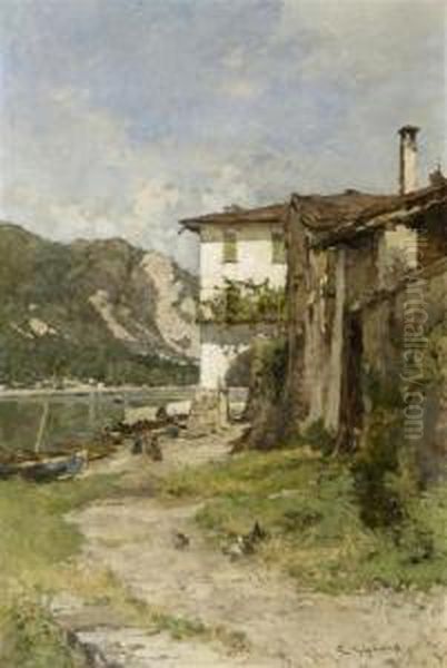 River Landscape With Houses Oil Painting by Eugenio Gignous