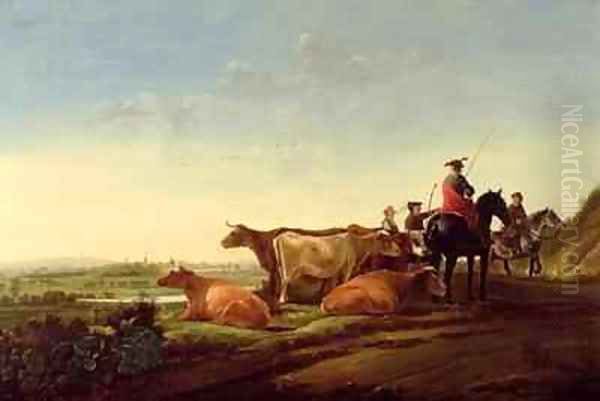 An extensive river landscape with a herdsman pointing the way Oil Painting by Aelbert Cuyp