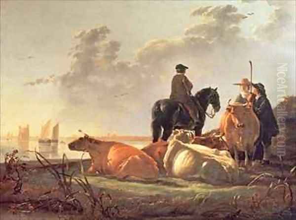 Peasants and Cattle by the River Merwede Oil Painting by Aelbert Cuyp