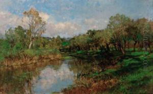 A Tranquil River Landscape; And Leaving Port Oil Painting by Eugenio Gignous