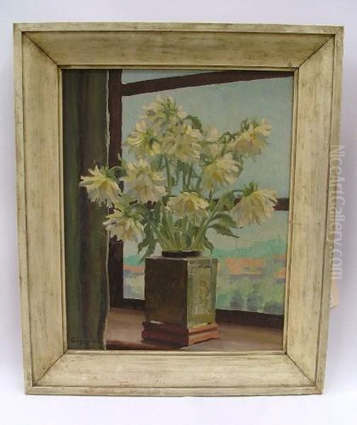 Large White And Yellow Dahlias In Oriental Style Vase Oil Painting by Marie-Regis-Francois Gignoux