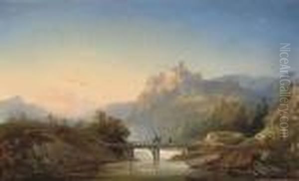 Travellers Crossing A Bridge Before A Ruined Citadel Oil Painting by Marie-Regis-Francois Gignoux