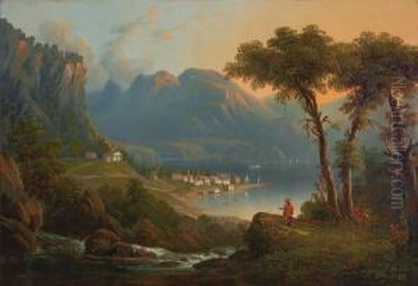 Chief Daniel Ninham Looking Across The Hudson River At Cold Spring Oil Painting by Marie-Regis-Francois Gignoux