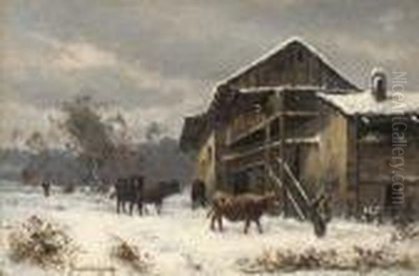 Winter On The Farm Oil Painting by Marie-Regis-Francois Gignoux