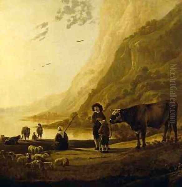 Landscape with a herdsman and bull Oil Painting by Aelbert Cuyp