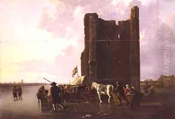 Townsfolk with sleighs on the frozen Maas by the Huis te Merwede Oil Painting by Aelbert Cuyp