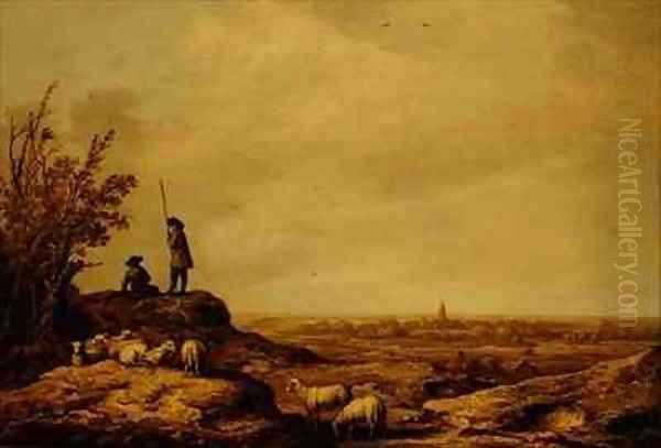 Panoramic Landscape with Shepherds Sheep and a Town Beverwijk in the Distance Oil Painting by Aelbert Cuyp