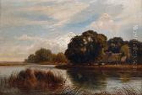 Cattle Watering In A Summer River Landscape Oil Painting by Arthur Gilbert