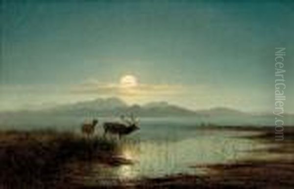 Stag Watering By Moonlight Oil Painting by Arthur Gilbert