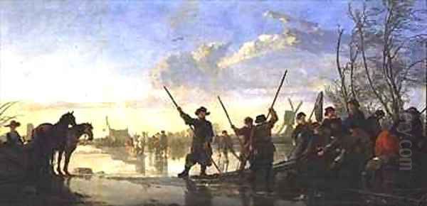 Skating scene with the Maas at Dordrecht Oil Painting by Aelbert Cuyp