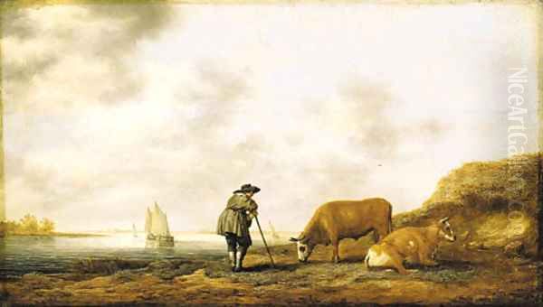 A river landscape with a cowherd resting on his crook, smalschips on a river beyond Oil Painting by Aelbert Cuyp