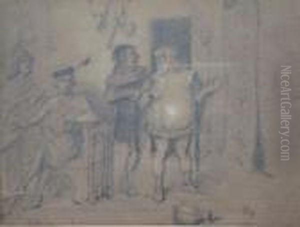 A Sketch Of Falstaff And Figures In An Interior Oil Painting by Sir John Gilbert