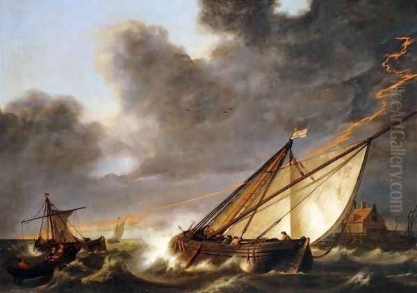 Ships Tossed in a Gale Oil Painting by Aelbert Cuyp