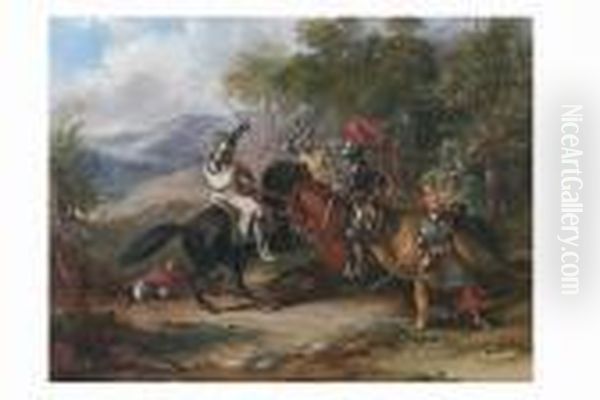 Medieval Knights Skirmishing In A Woodland Clearing Oil Painting by Sir John Gilbert