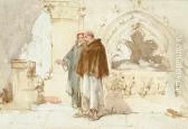 A Sketch Of A Portion Of Rufford Abbey With Lord Saville And One Of The Monks Oil Painting by Sir John Gilbert