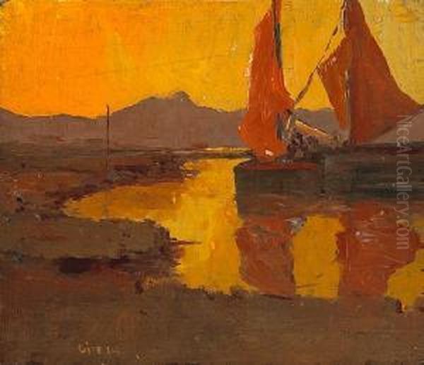 Two Boats With Red Sails Oil Painting by Selden Connor Gile