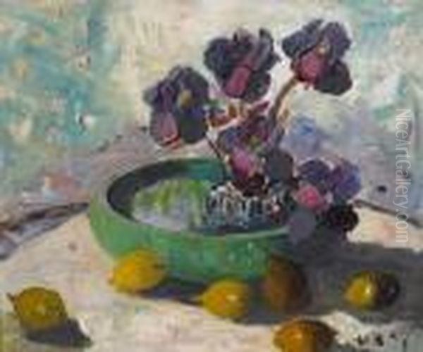 Irises And Fruit Oil Painting by Selden Connor Gile