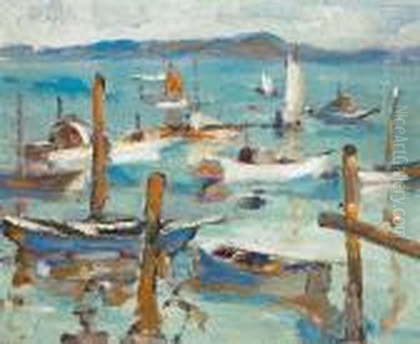 Moored Boats, Believed To Be Monterey Bay Oil Painting by Selden Connor Gile