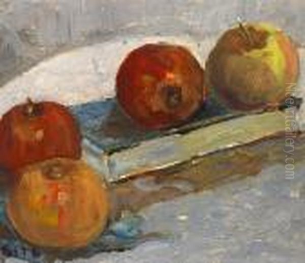 A Still Life With A Book And Apples On A Table Oil Painting by Selden Connor Gile