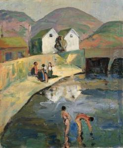 Bathers At Corinthian Island, Belvedere Oil Painting by Selden Connor Gile