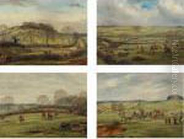 Mr. Fernie's Hunt: Going To The 
Meet, Going Away From Shawston, Full Cry And The Death (four Works) Oil Painting by G.D. Giles