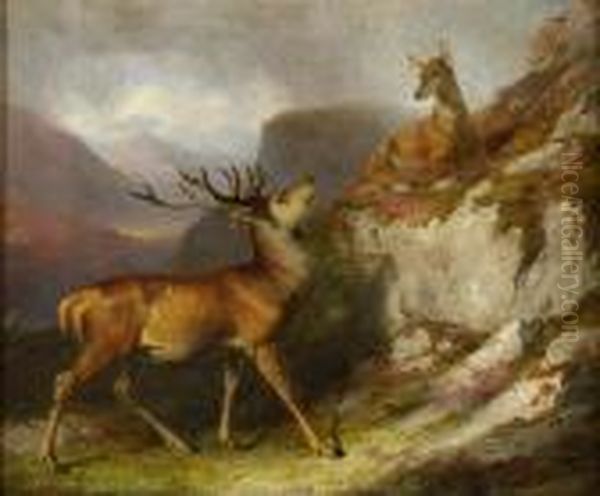 Stag And Hind In A Highland Landscape Oil Painting by James William Giles