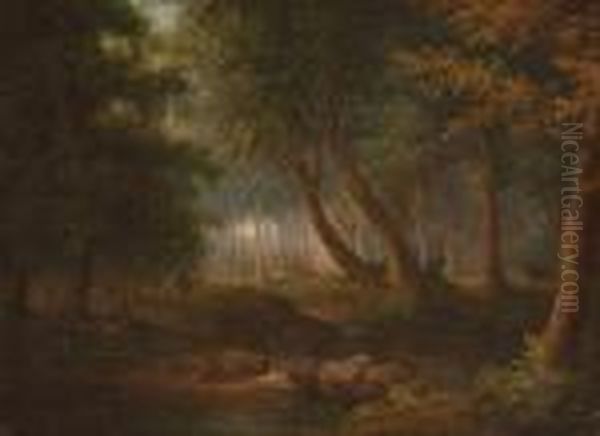 Figures In A Wooded Landscape Oil Painting by James William Giles