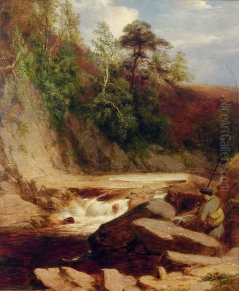 An Angler In A River Landscape Oil Painting by James William Giles