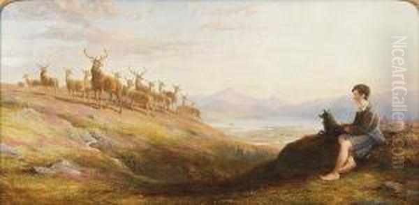 Red Deer Feeding Up-hill In The 
Morning (the Corrie Buie Of Ben-a-bourd In The Distance-invercauld 
Forest) Oil Painting by James William Giles